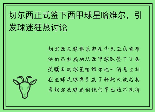 切尔西正式签下西甲球星哈维尔，引发球迷狂热讨论