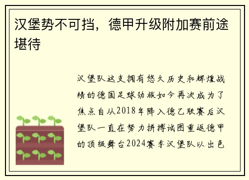 汉堡势不可挡，德甲升级附加赛前途堪待