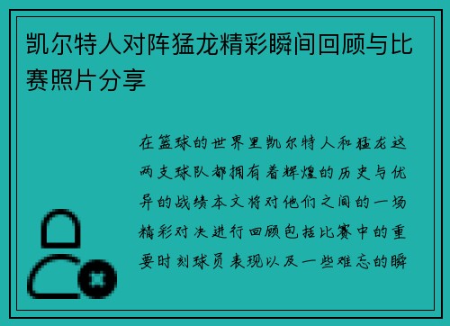 凯尔特人对阵猛龙精彩瞬间回顾与比赛照片分享