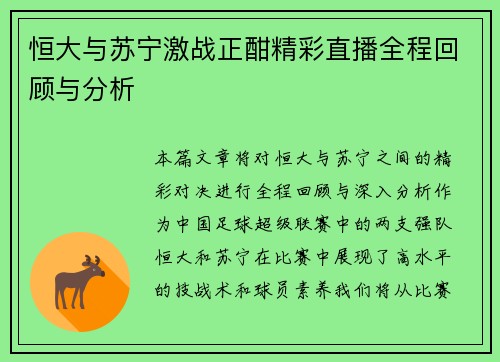 恒大与苏宁激战正酣精彩直播全程回顾与分析